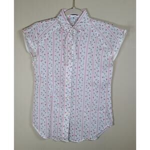 Vintage 80s Sm Womens Teens Cap Sleeve Neck-tie Button Up Shirt Rosebuds